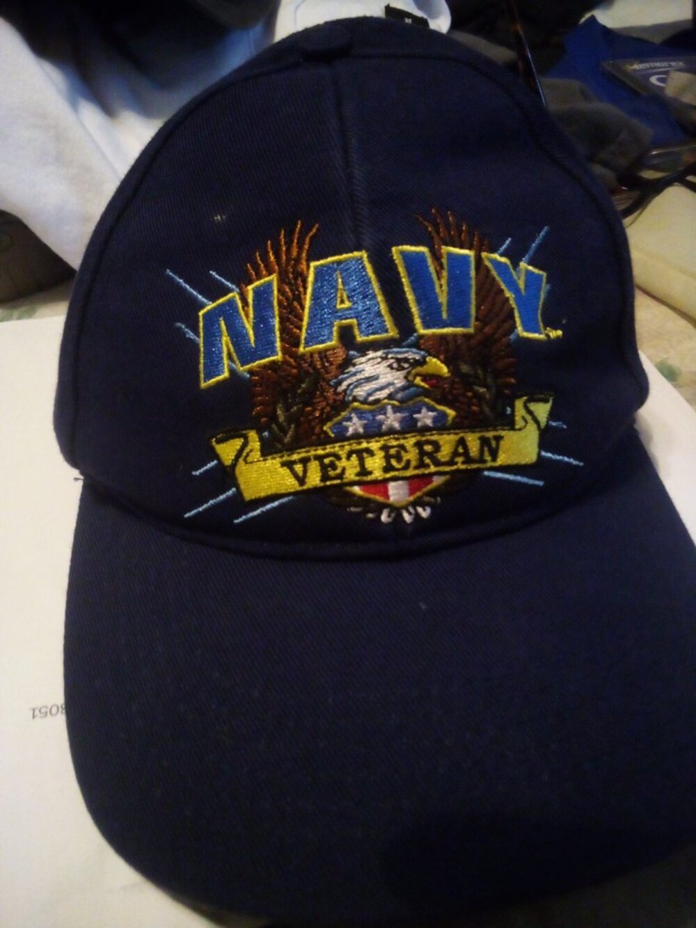 Navy Veteran navy cap NAVY in blue gold edges US shield & anchor left side JWM